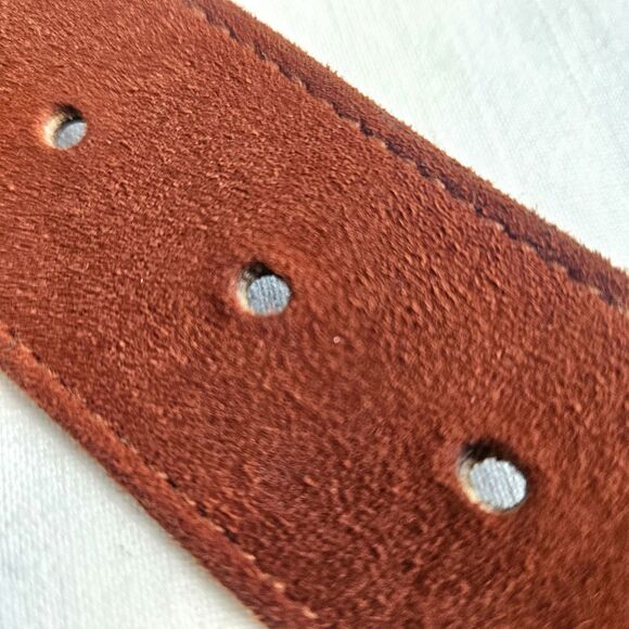 Vintage 80s ESCADA Classic Designer E Logo Belt in Rich Brown Suede XS SMALL - Picture 10 of 12
